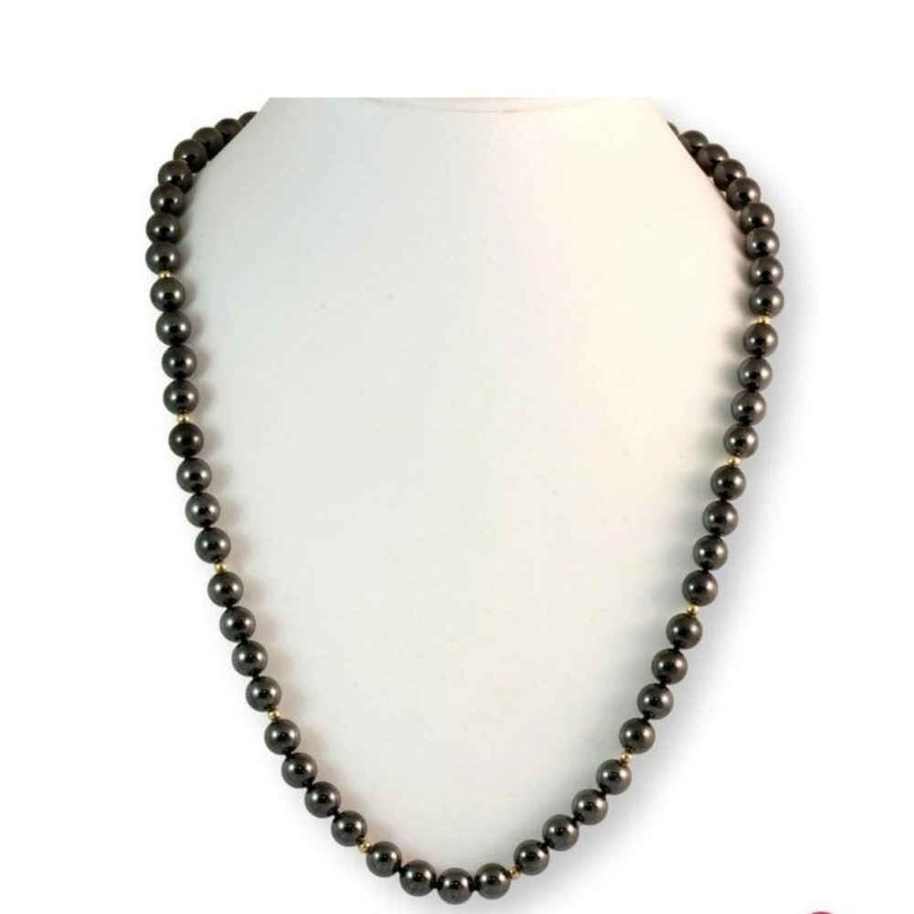 Hematite Bead Necklace with 14k Gold Spacers 25 Inch Continuous Strand